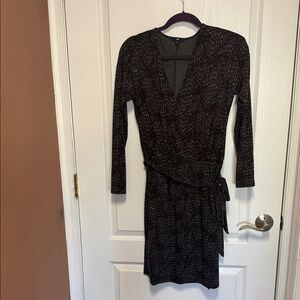 Classic Long-Sleeve Wrap Dress in Dark Brown Print